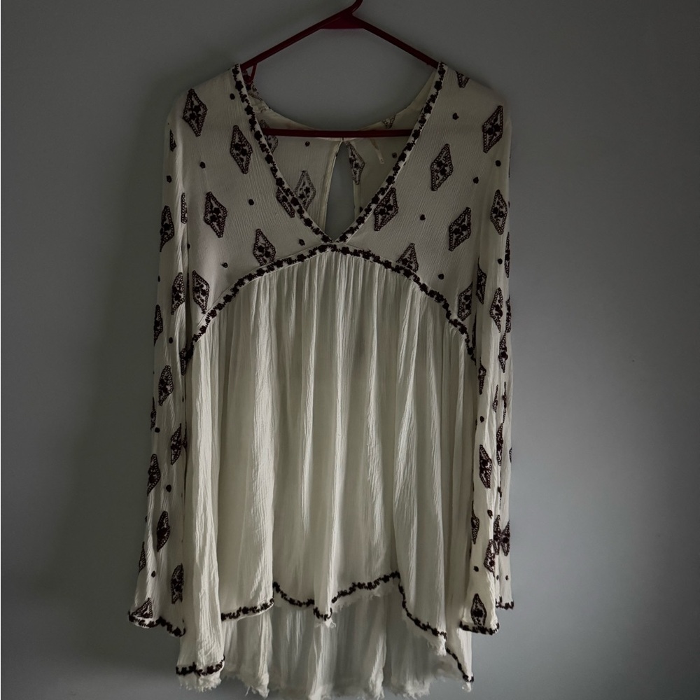 Free People Cream Boho Embroidered Tunic Top